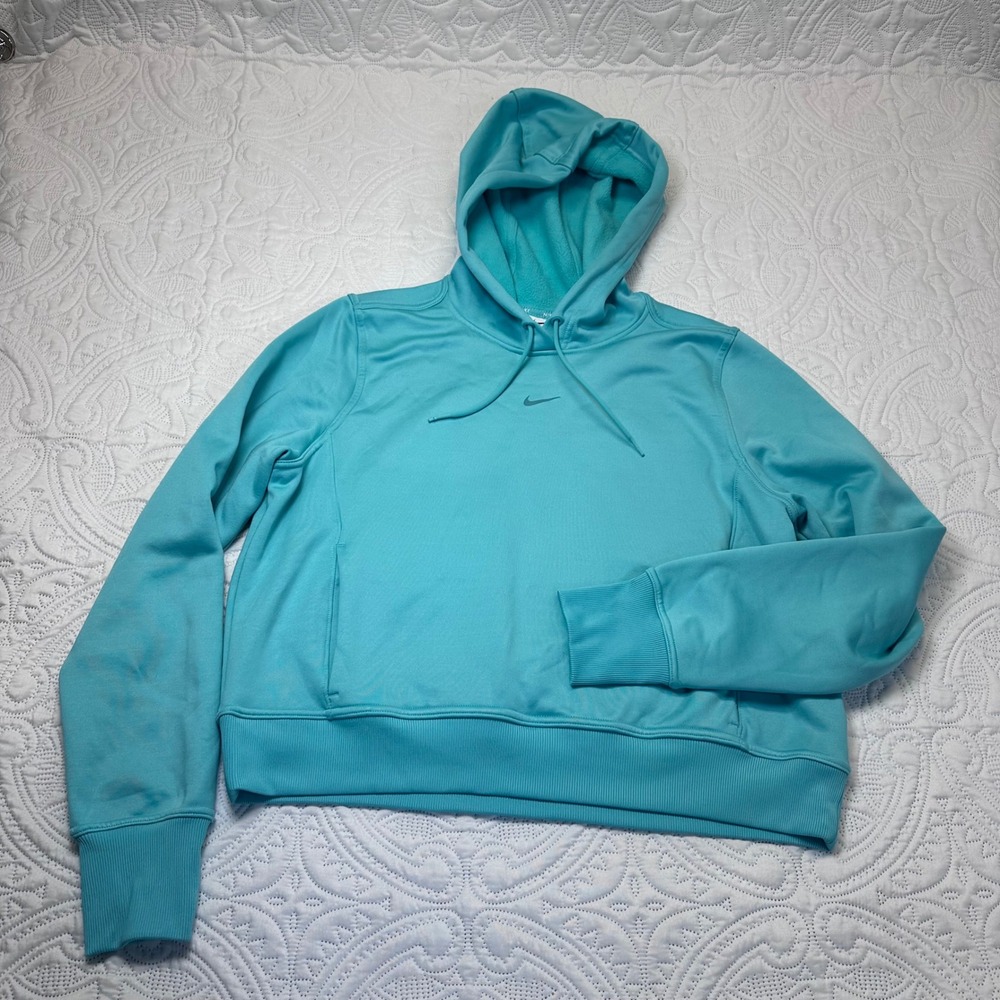 Nike Therma-FIT Teal Blue Cropped Fleece Hoodie Sweatshirt Thumbholes‎ Large